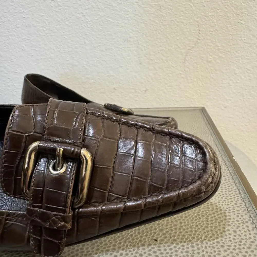 Prada 90s Y2K VTG Brown Croc Pattern Buckle Kitten Heels Pumps Shoes 37.5 7.5